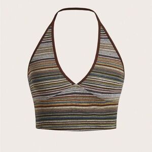Romwe Multicolor Hippie Striped Halter Crop Top Size M